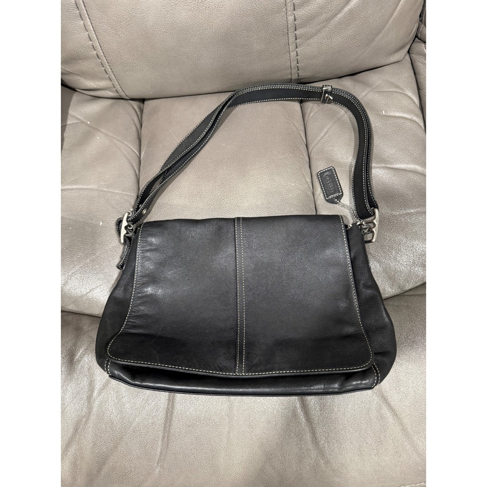 Coach 9570 Vintage Black Leather Flap Shoulder Bag Contrast‎ Stitch Hardware